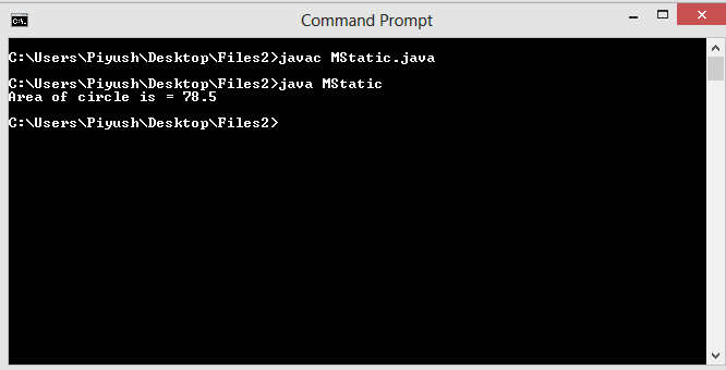 This image describes the output of sample program for static method under static keyword in java.
